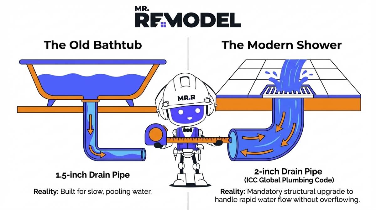 A plumbing code infographic explaining why tub-to-shower conversions require permits, contrasting a standard 1.5-inch bathtub drain with the mandatory 2-inch drain pipe required for modern walk-in showers.